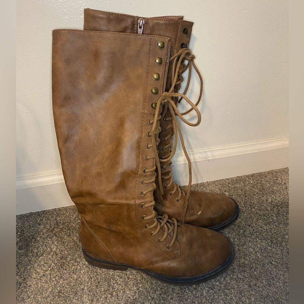 Tan faux leather below knee combat boots